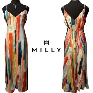 MILLY Becca Watercolor Brushstroke Artist Painter Midi A-line V-Neck Strap Dress